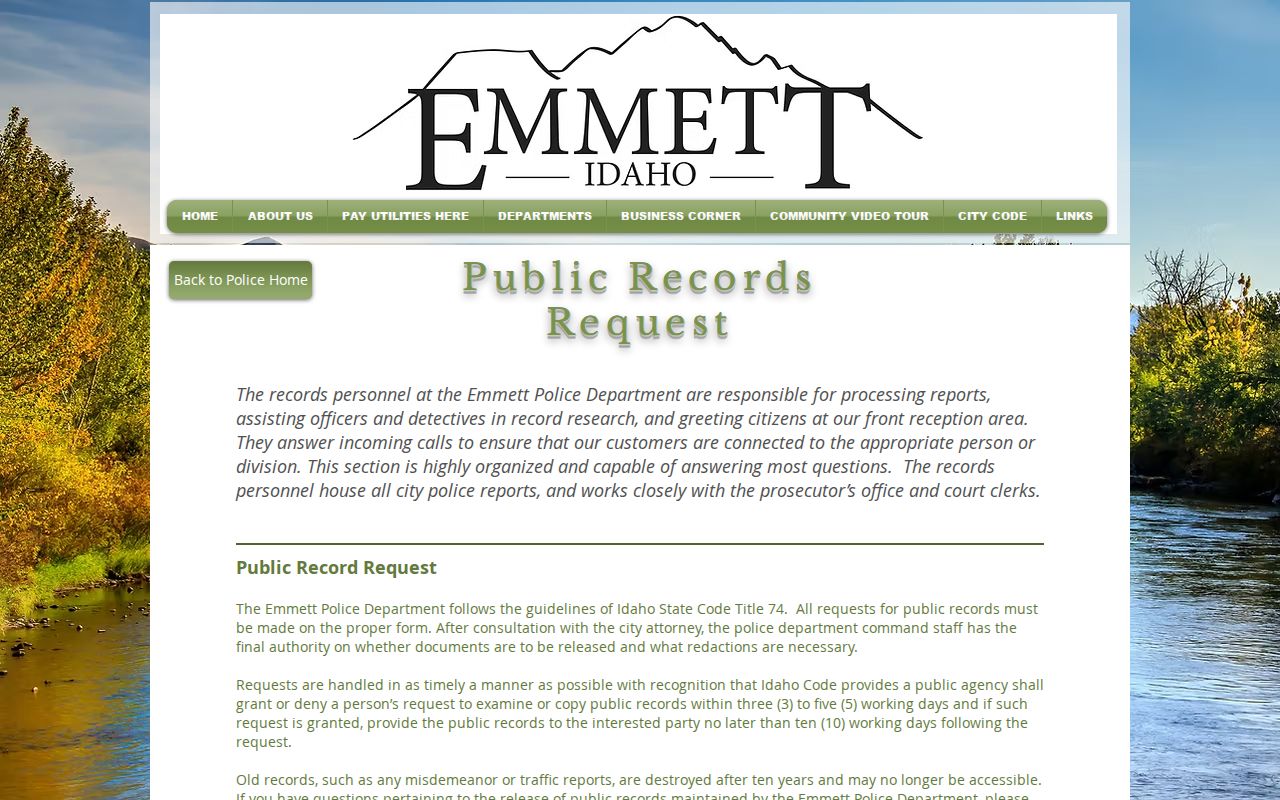 Emmett Police public records request page