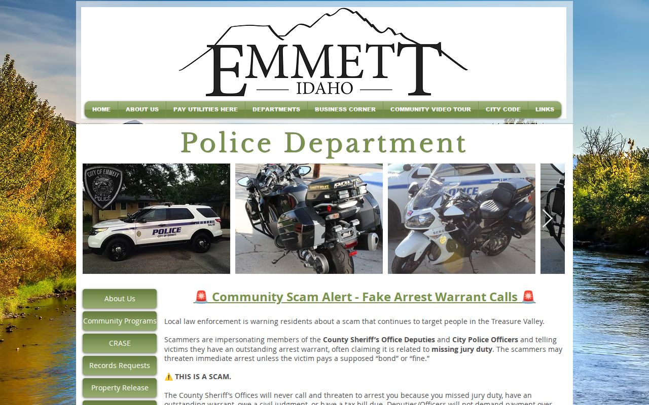 Official Emmett Police Department webpage with agency contact information