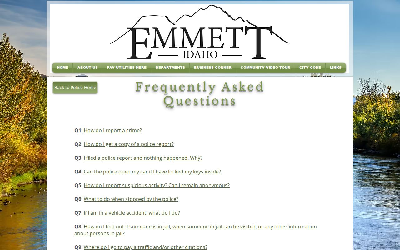 Emmett Police FAQ directing custody inquiries to Gem County Jail