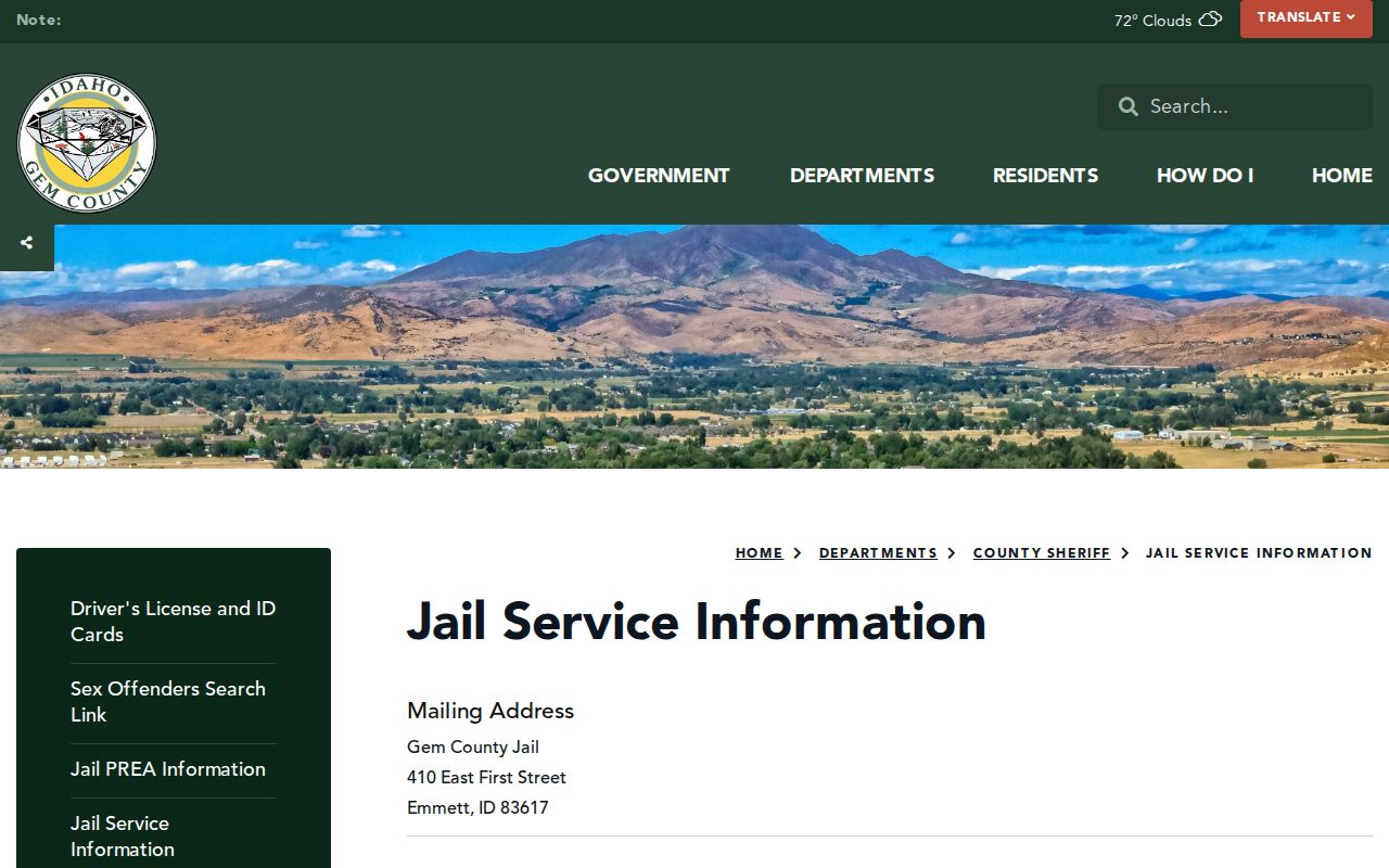 Gem County Jail official service information page
