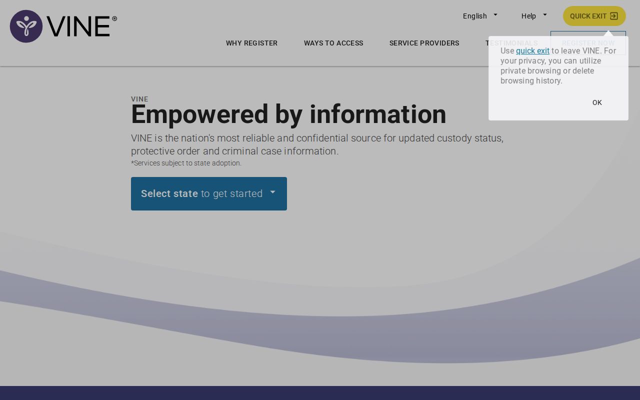 VINELink registration management screen for custody alerts