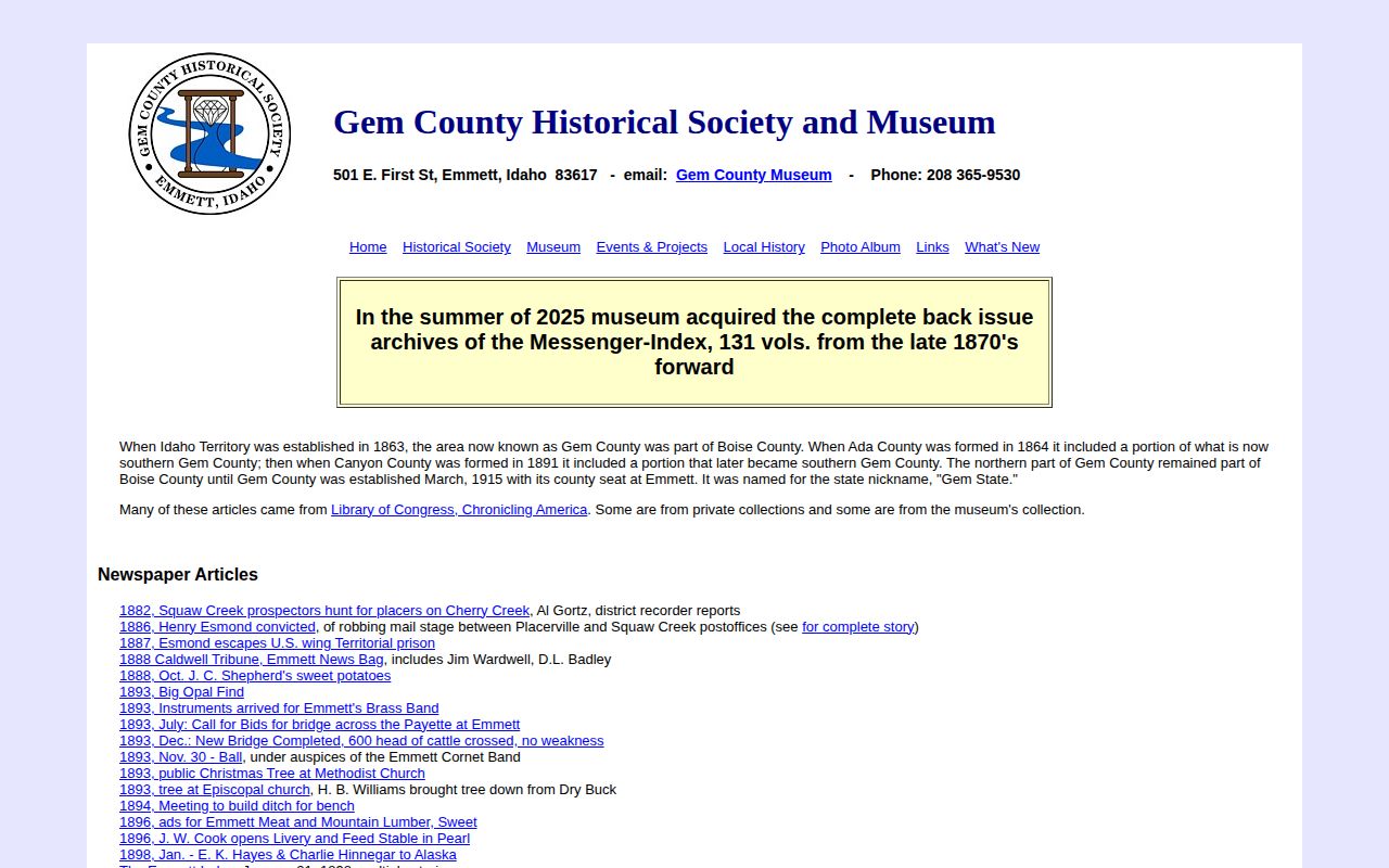Gem County Museum page describing its Messenger-Index newspaper archive