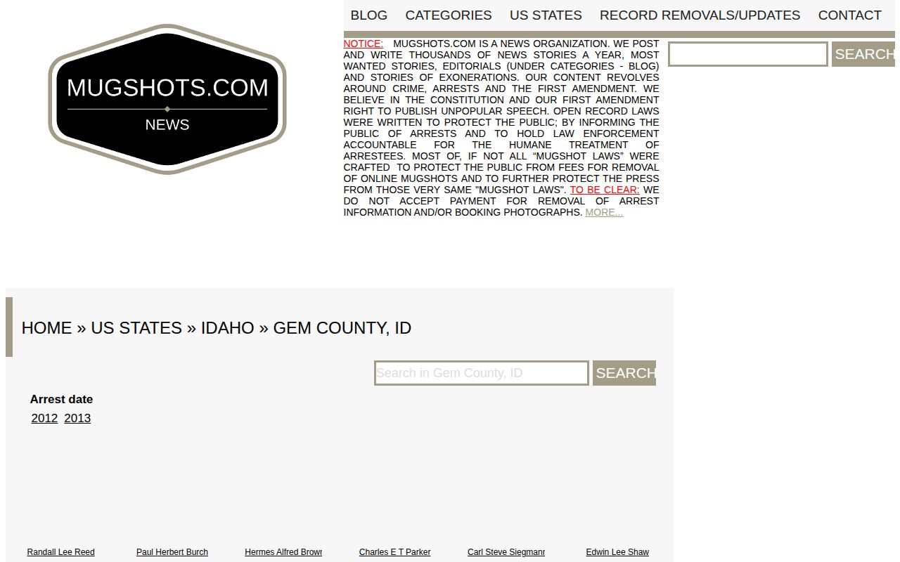 Unofficial Gem County mugshot index